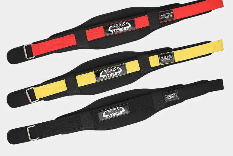 Nylon fitness weightlifting waistband for adults in black, red, or yellow colours, available in L, M, and XL sizes.
