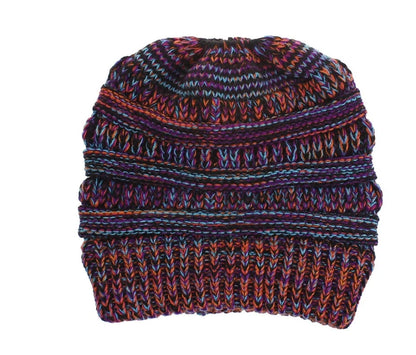 Mixed colour knitted wool hat for ladies with ponytail opening, available in various colours