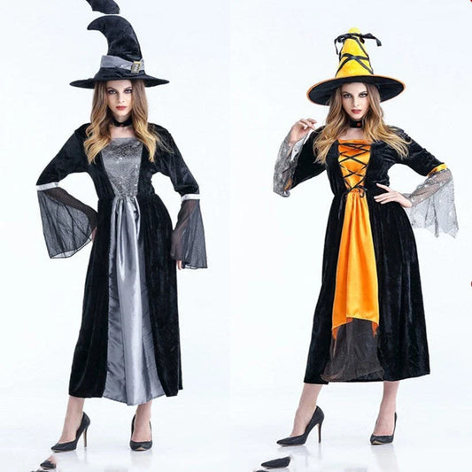 Adult women's sorceress witch costume for Halloween and carnival, available in grey and orange.
