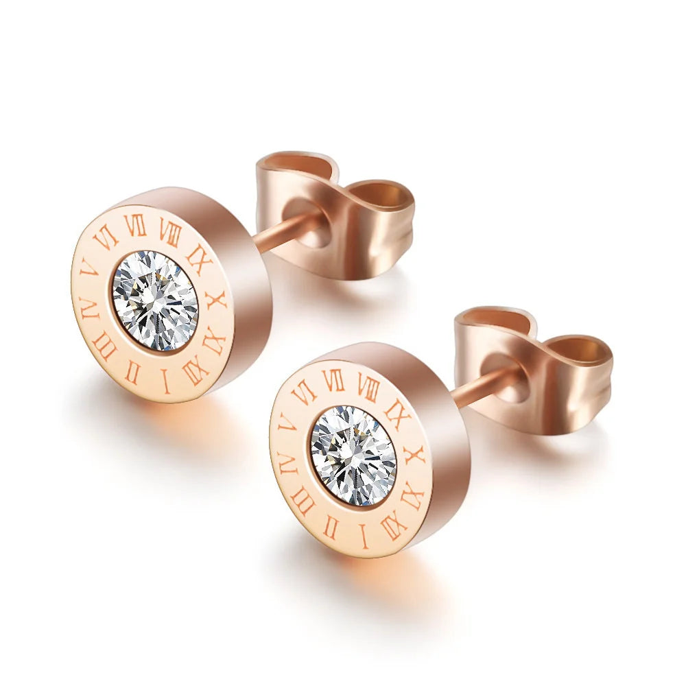 Roman Numerals and Diamond Stud Earrings in titanium steel with gold-plated finishes
