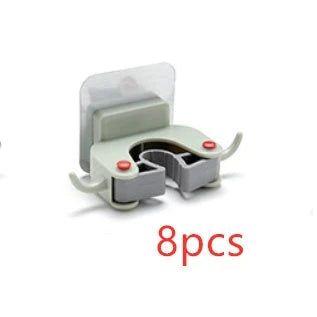 Nail-free multi-function traceless mop holder with double hooks for organizing cleaning tools