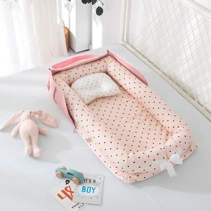 Foldable cotton portable baby crib in Animal World Blue, 90x50 cm with pillow and strap, weighing 1.3 kg