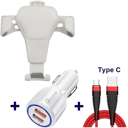 Leather grain gravity mobile phone car holder in black and white, secure and stylish design