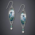 Silver electroplated metal drop earrings with retro bird and flower design