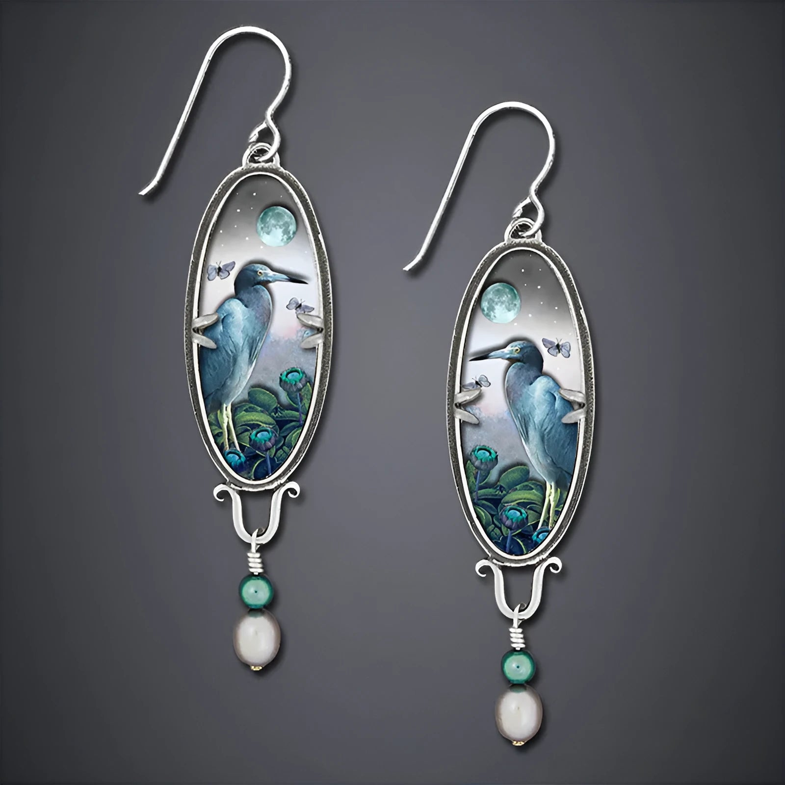Silver electroplated metal drop earrings with retro bird and flower design