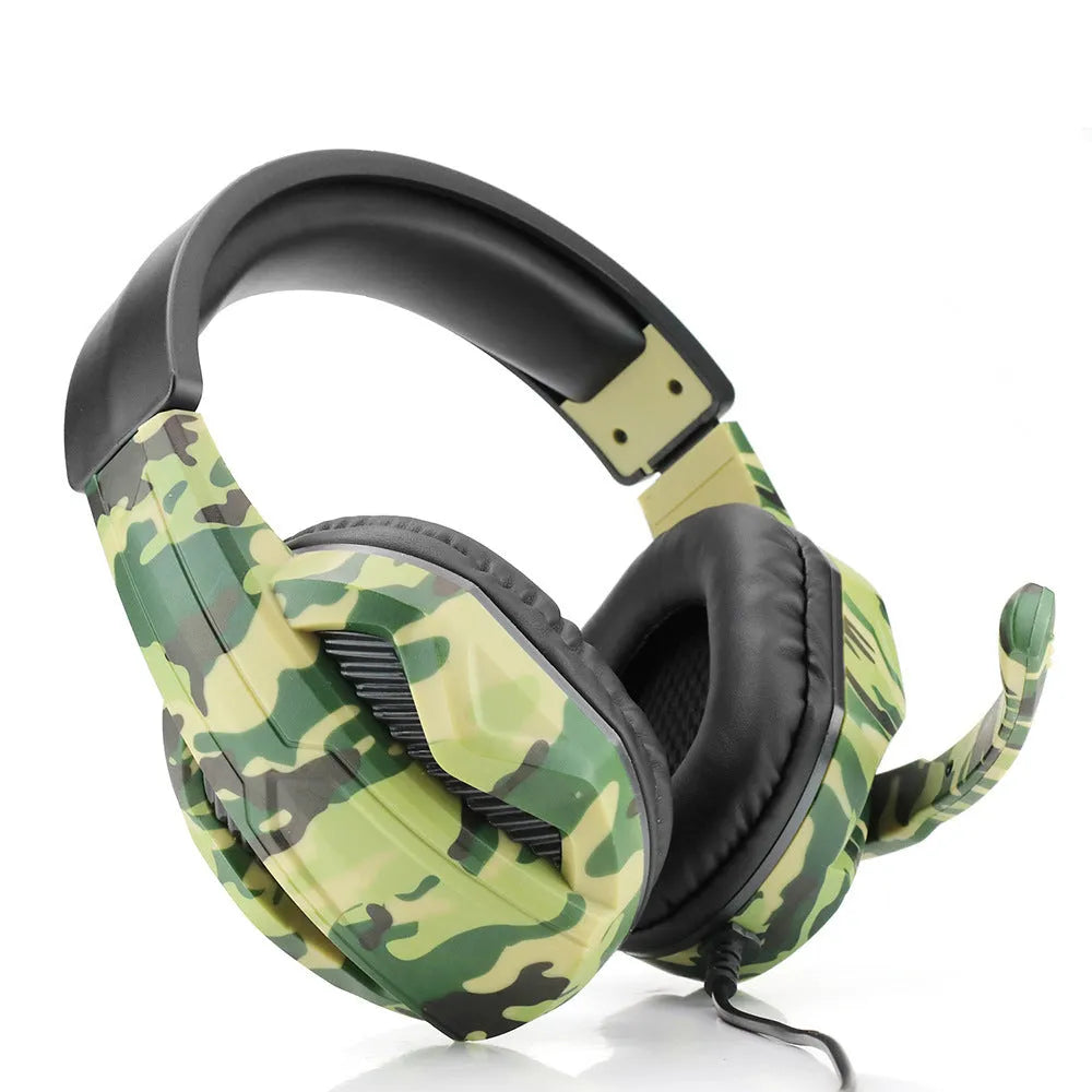 Army green camouflage wired over-ear gaming headset with microphone and 3.5mm plug on a black background.