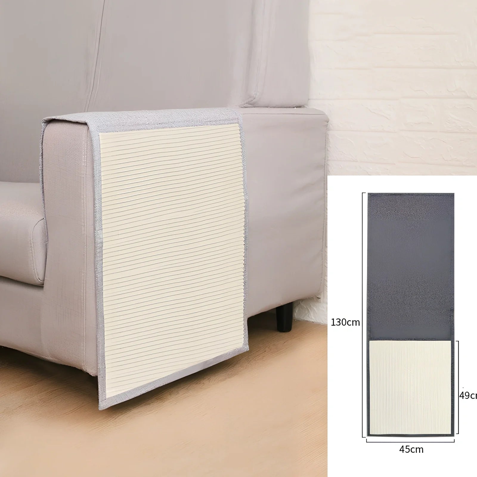 Dark grey cotton linen cat scratcher pad on sofa arm, 50cm wide anti-scratch protection for pet claws