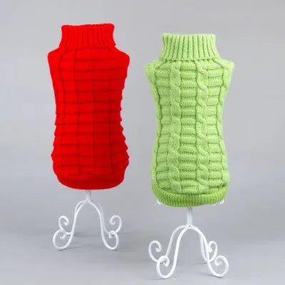 Solid colour acrylic pet sweater for dogs and cats in blue, with size chart details