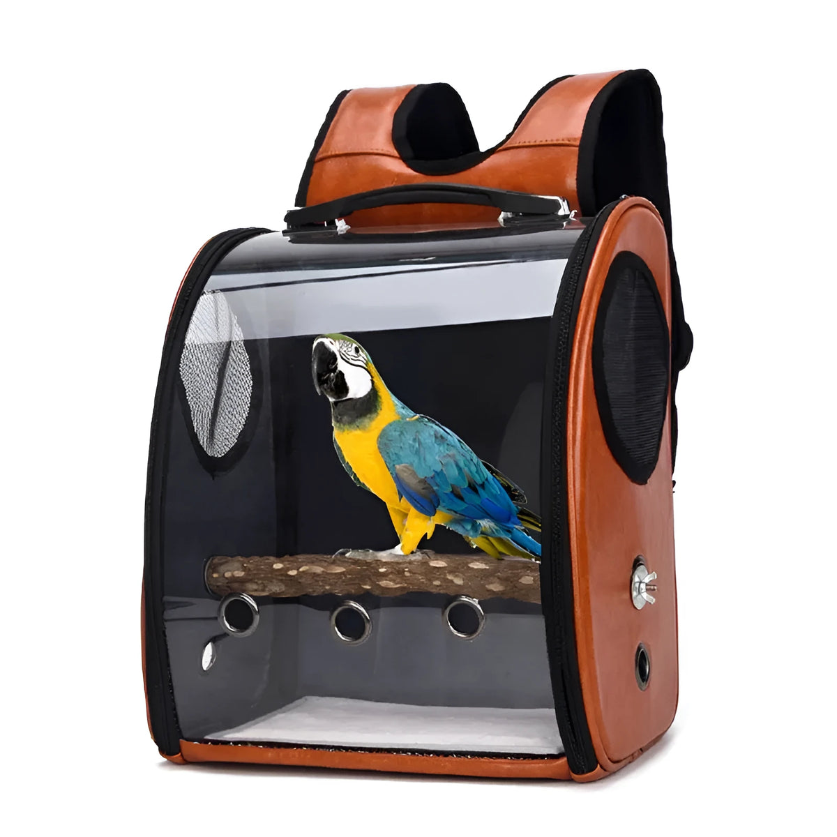 Foldable porous breathable pet carrier bag in geometric pattern for parrot travel, available in blue