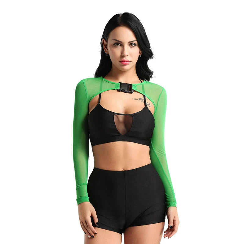 Women's mesh crop top with button front in green and black