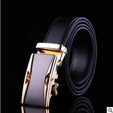 Men's automatic buckle leather belt with gold buckle head, 3.55cm width