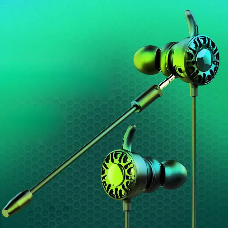 Black wired in-ear headset with 3.5mm L-shaped plug, silicone earplugs, and inline wire control for mobile gaming