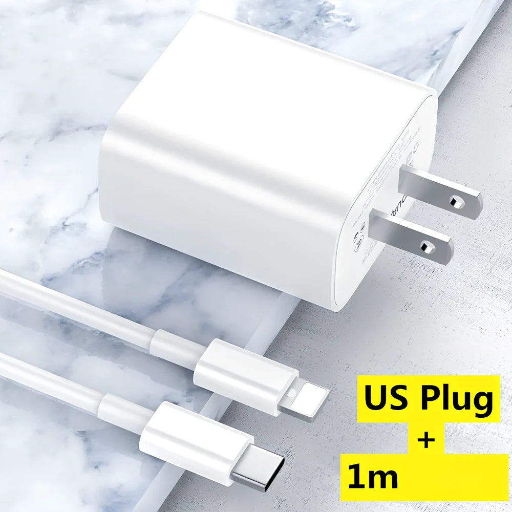 Compact 20W PD charger in UK plug variant, 63x40x22mm size, for fast smartphone charging with safety features