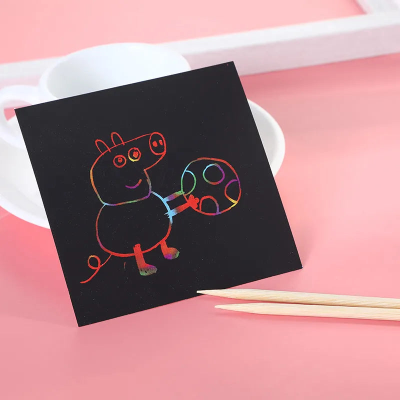 Colourful trumpet scratch painting kit showing 100 paper sheets in colour box packaging