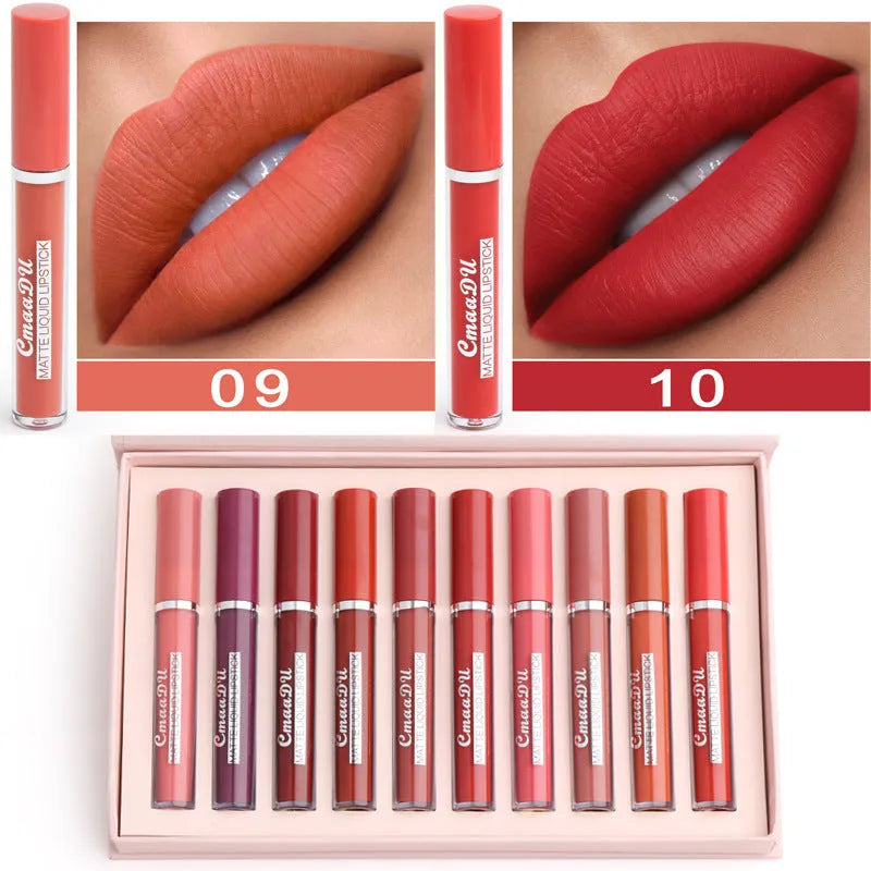 Set of 10 women's matte finish lipsticks in a flat case with assorted colours, showcasing non-stick cup waterproof design.