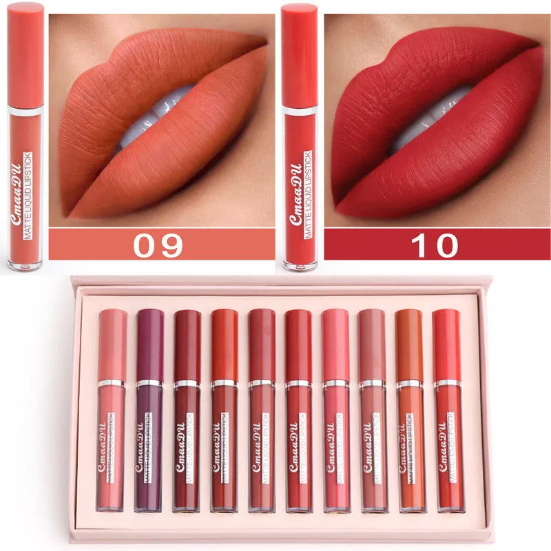 Women's non-stick waterproof matte lipstick 10 sticks Photo Color shade 3g each compact packaging