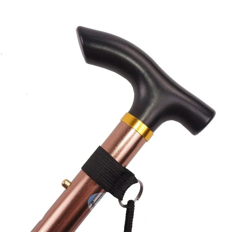 Adjustable aluminium folding walking stick in a selected colour, shown extended and folded.