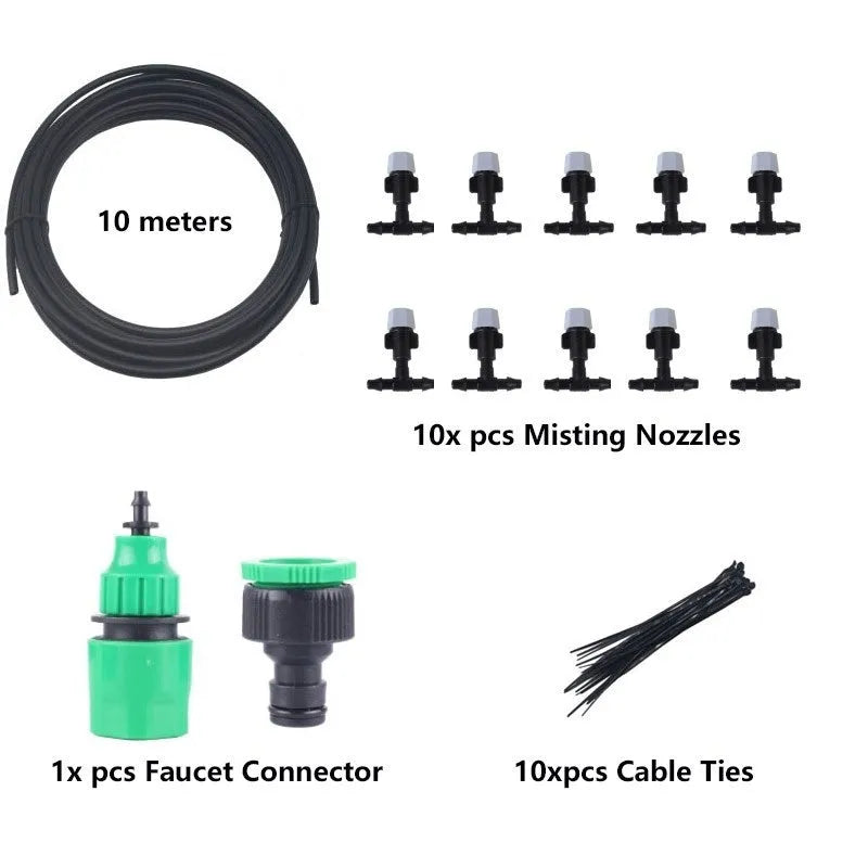 10 metre garden irrigation hose mist system with micro spray heads for cooling and humidification