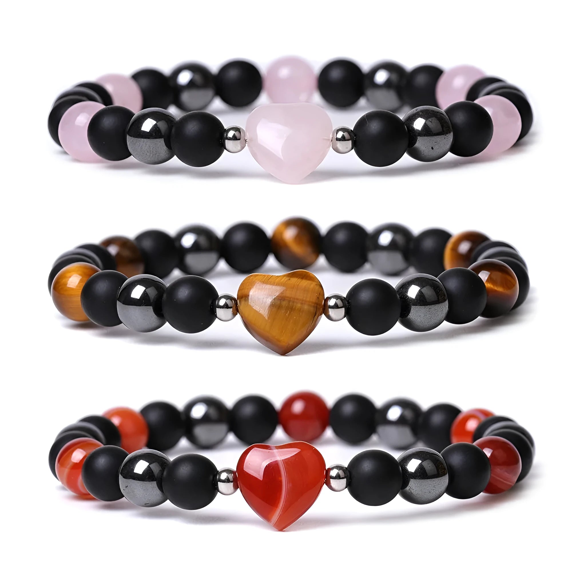 Hand-cut geometric peach heart stone bracelet with moon and planet decorative elements in eight colour options