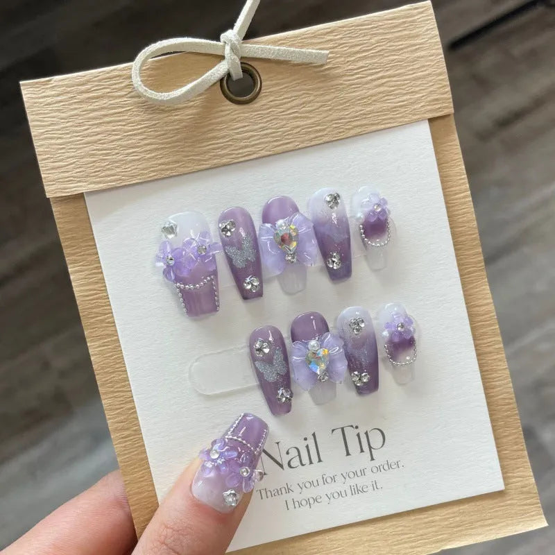 Wear Nail Pure Handmade Manicure nail stickers in Purple Iris Tectorum Butterfly design with four sizes and glue tube