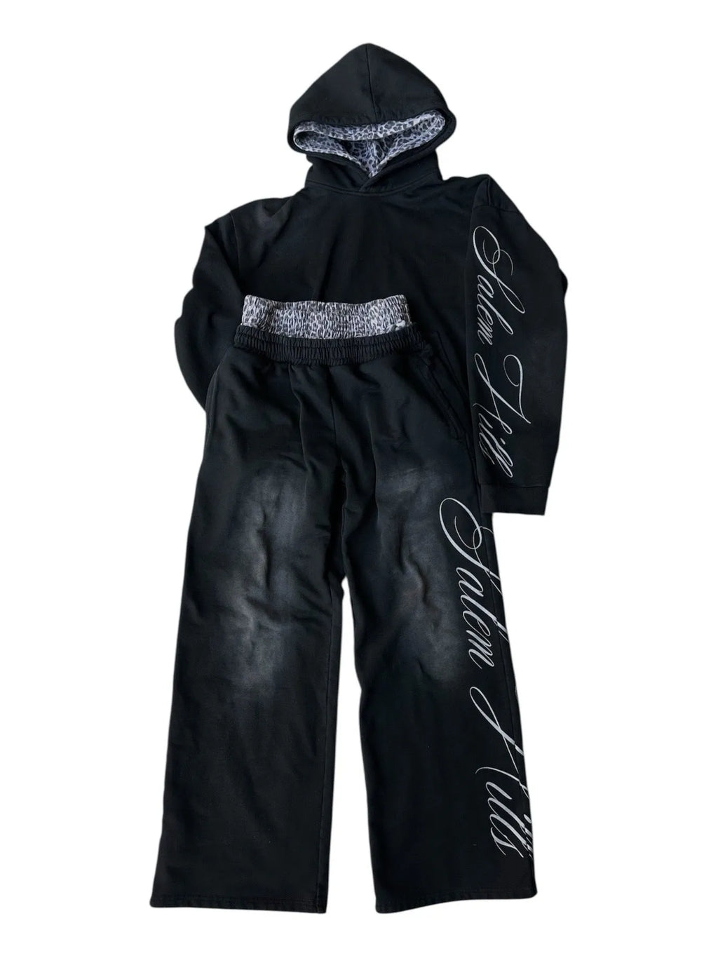 Men's black punk print hoodie tracksuit set with matching trousers and fleece lining