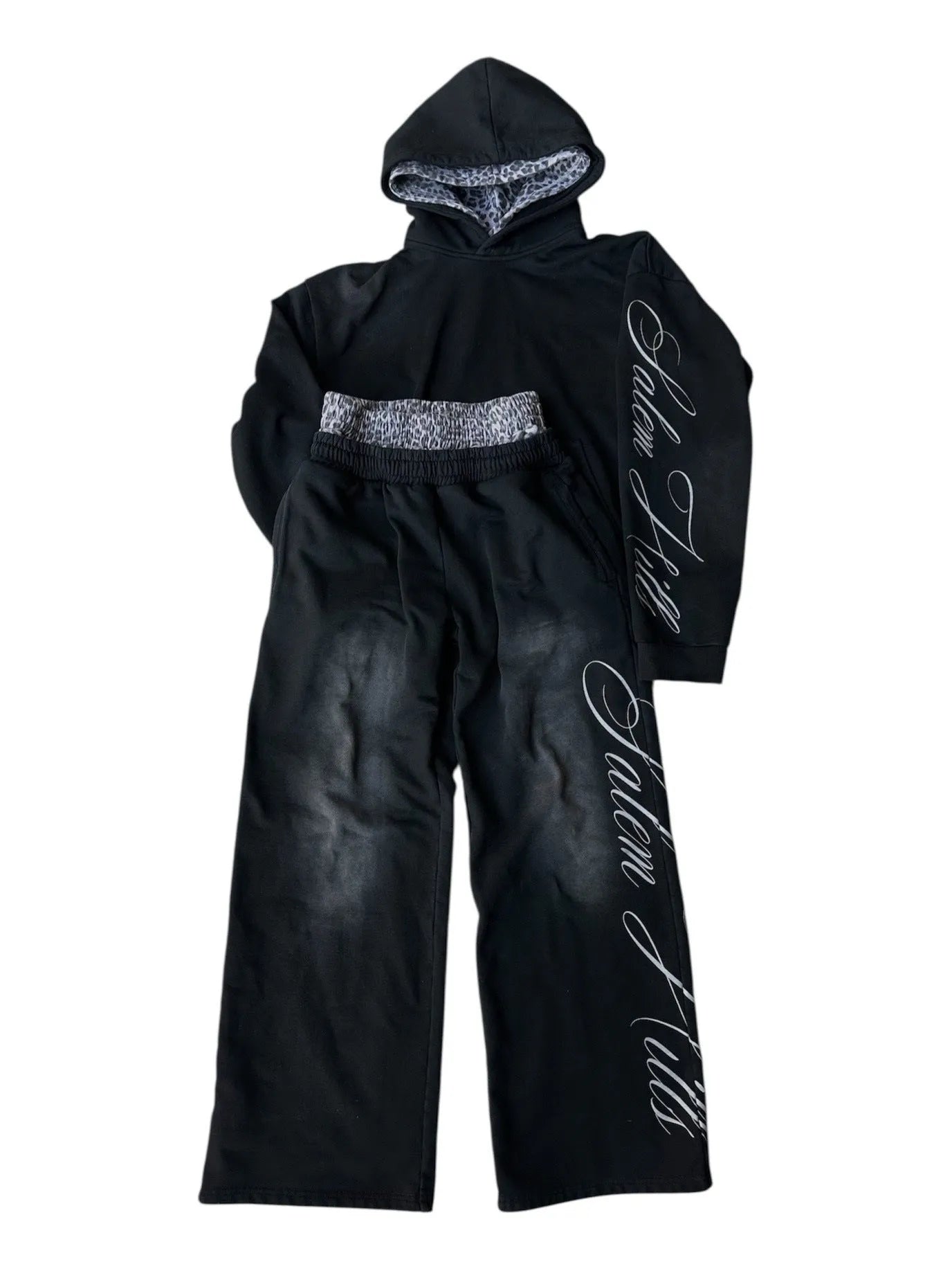 Men's black punk print hoodie tracksuit set with matching trousers and fleece lining