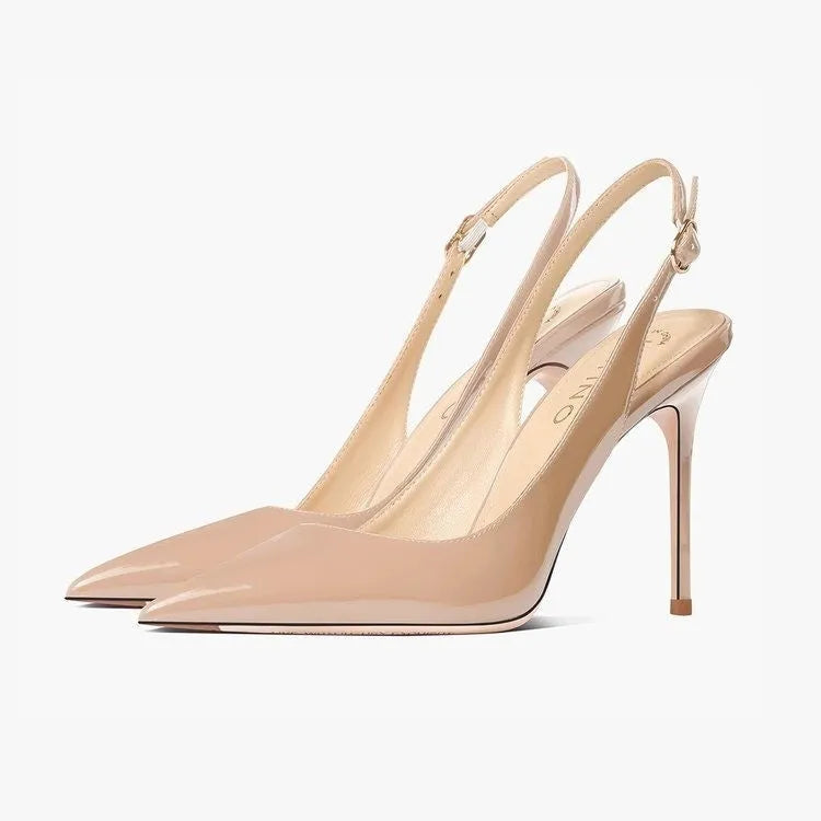 Women's nude high-heeled sandals with an ankle strap and hollow-out design on a soft PU upper.