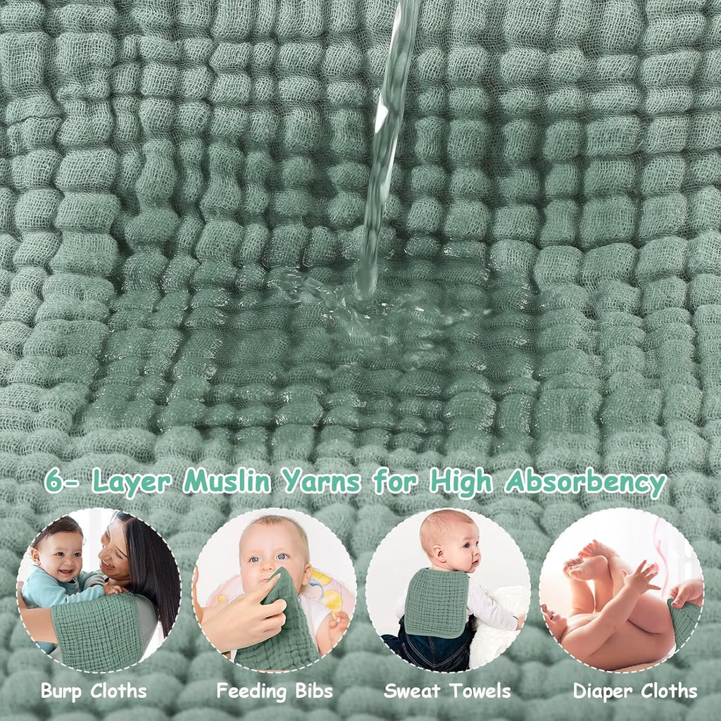 6-pack of large 25x50cm muslin burp cloths in assorted colours on light background