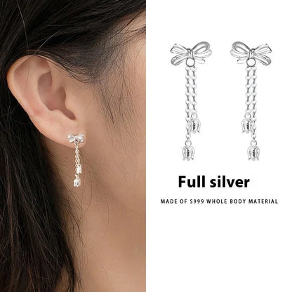 Pure silver bow eardrops with sweet tassel bone stud, Korean style