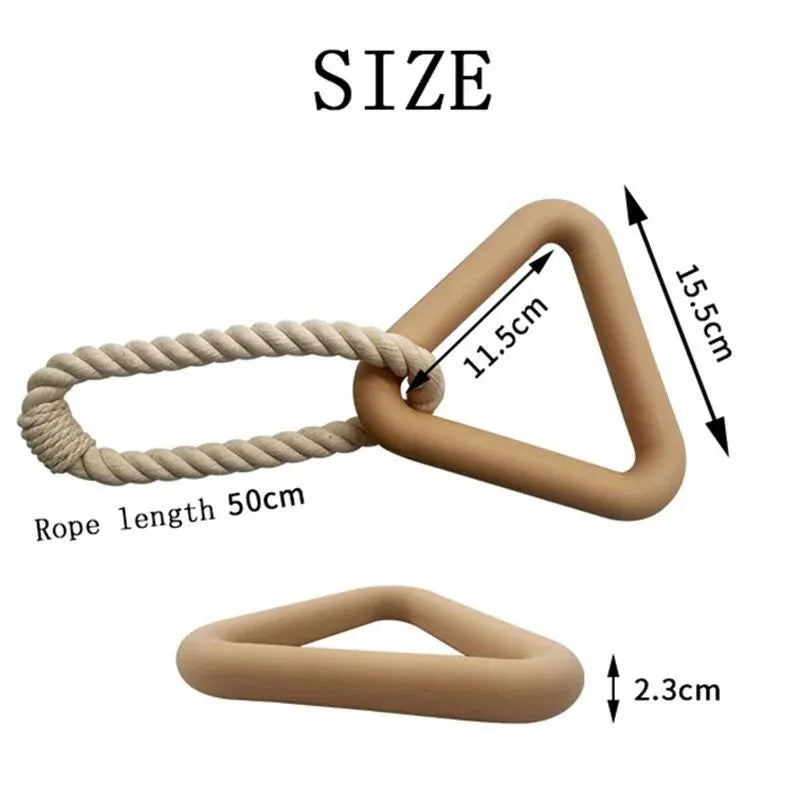 Large triangular braided cotton rope dog pull ring toy in beige, pink, or purple.