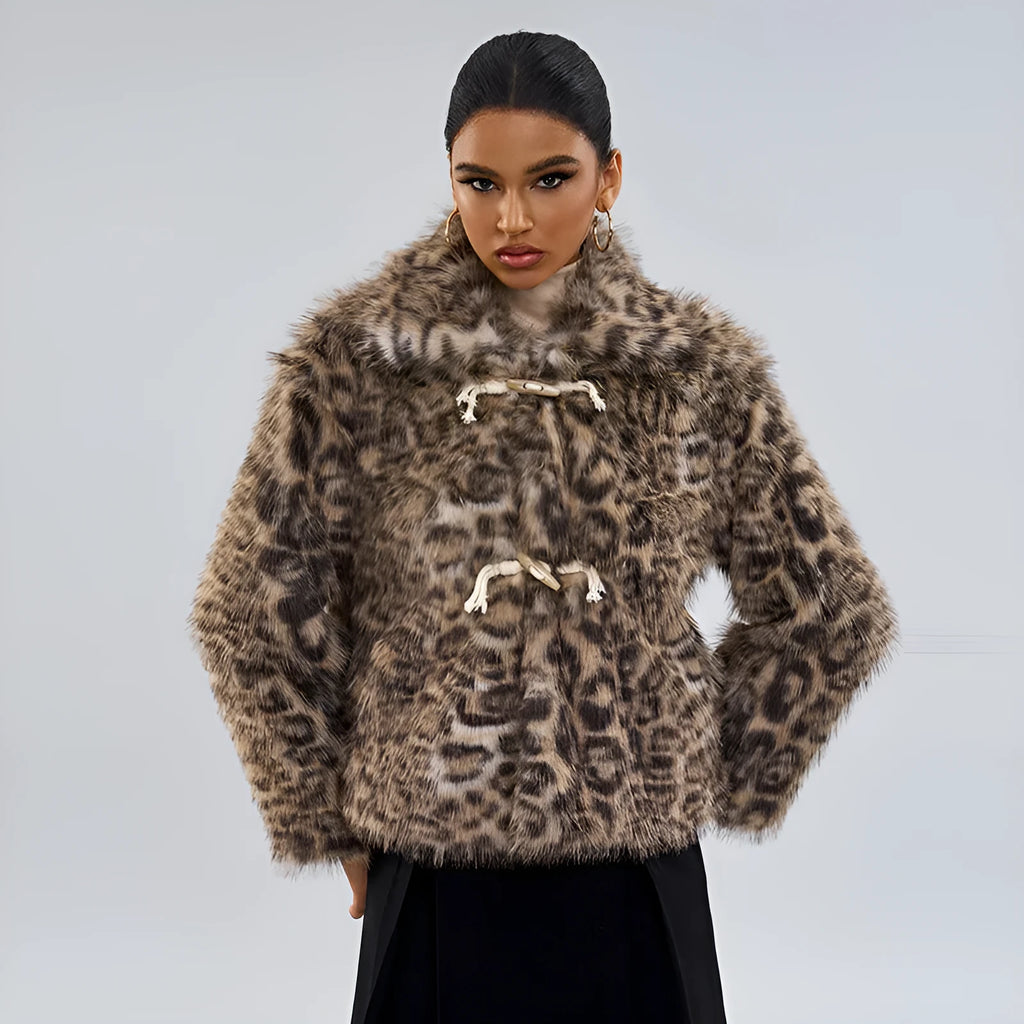 Leopard print women's coat with a buckle lapel and regular sleeves