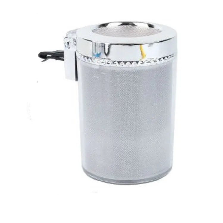 Silver car ashtray with RGB LED light, compact size 10x8x6cm, flame-retardant ABS construction