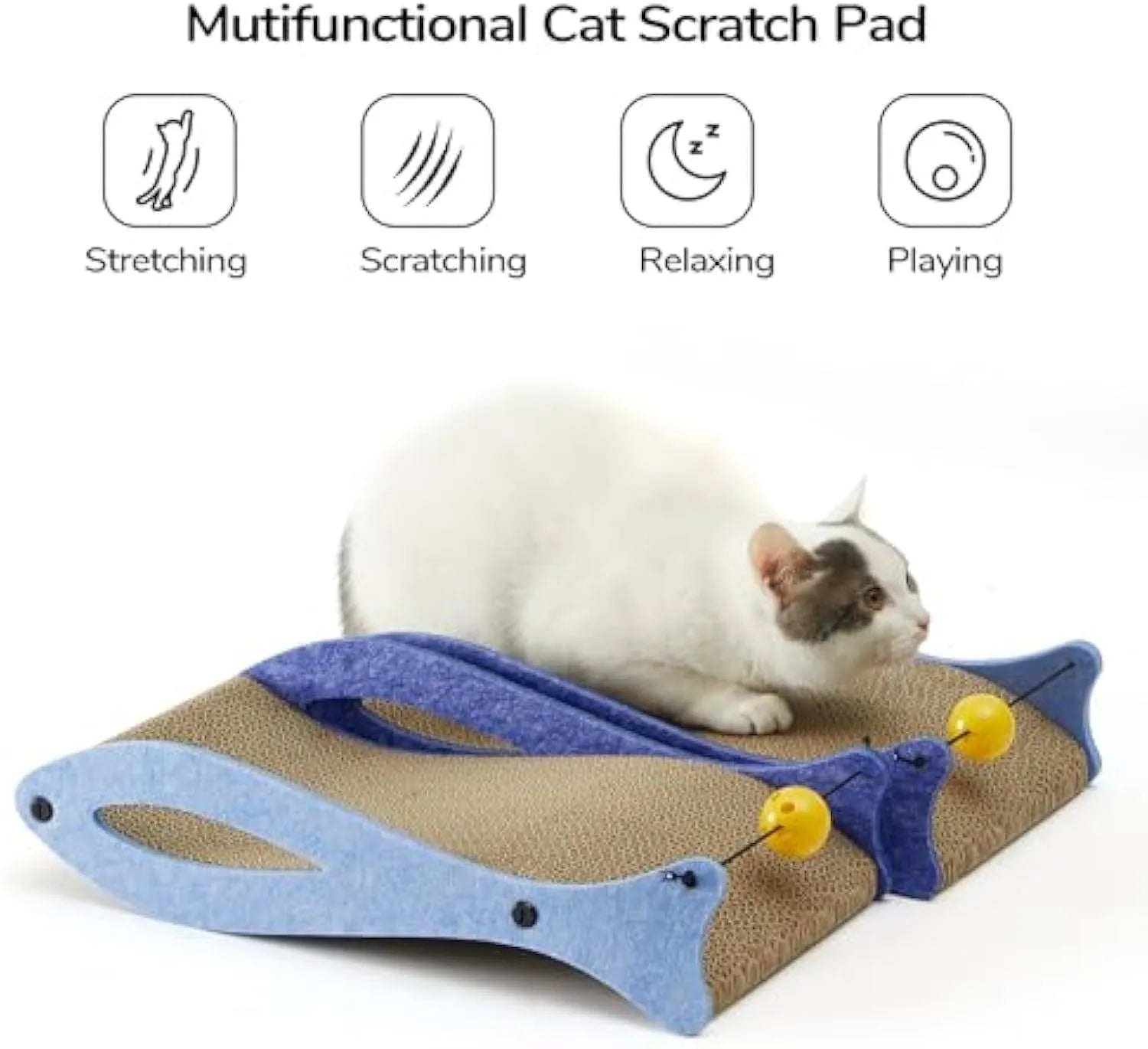 Blue fish-shaped cardboard cat scratcher lounge with a red bell toy for indoor cats.