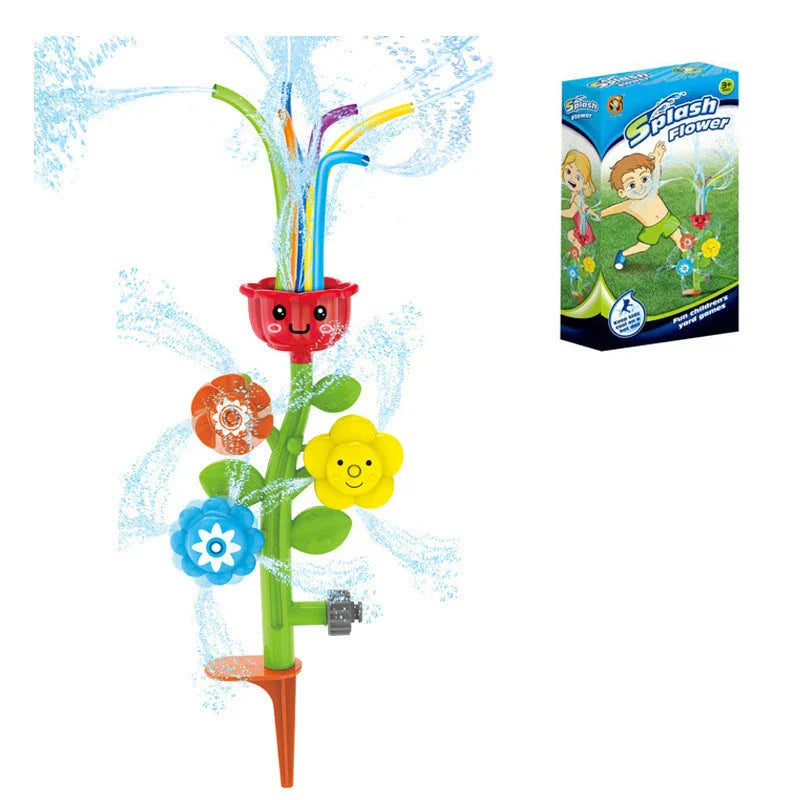 Colorful outdoor sprinkler toy with various water spray designs for backyard summer fun