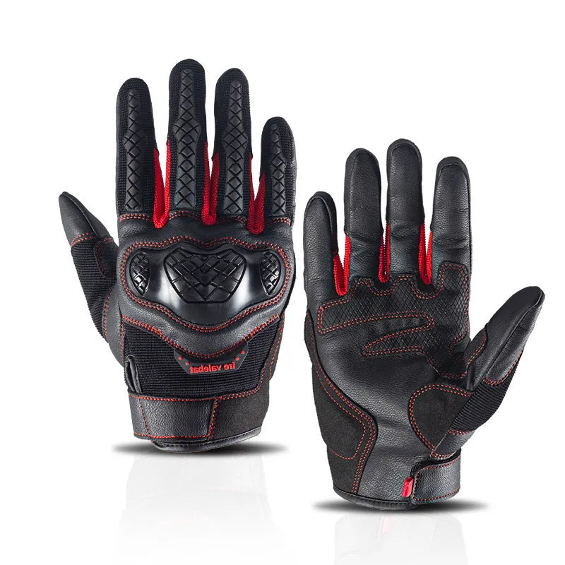 Men's leather motorcycle off-road gloves in black with cuffed closure, available in multiple sizes
