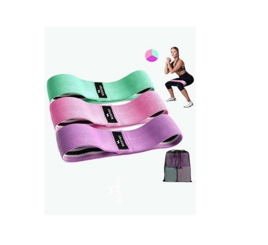 Latex mesh squat resistance band in lake blue, pink, and purple for hip and leg strengthening