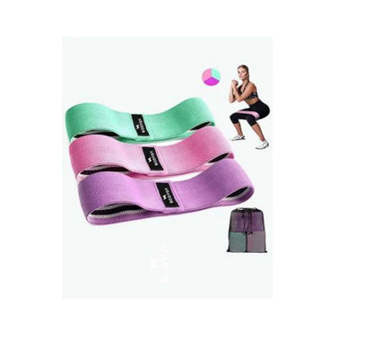 Latex mesh squat resistance band in lake blue, pink, and purple for hip and leg strengthening