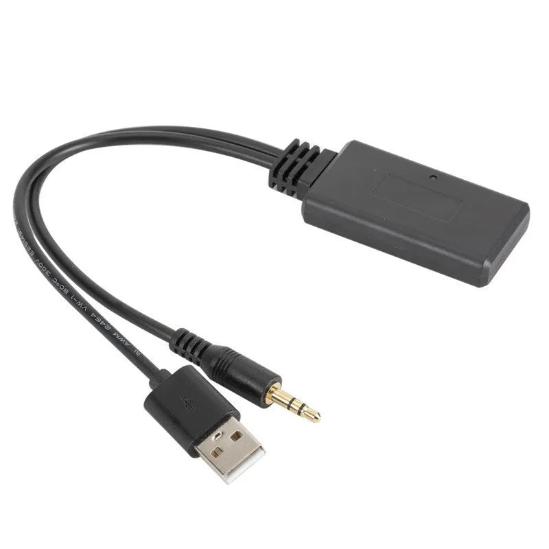 Black car Bluetooth audio receiver with AUX cable and USB port for wireless music streaming