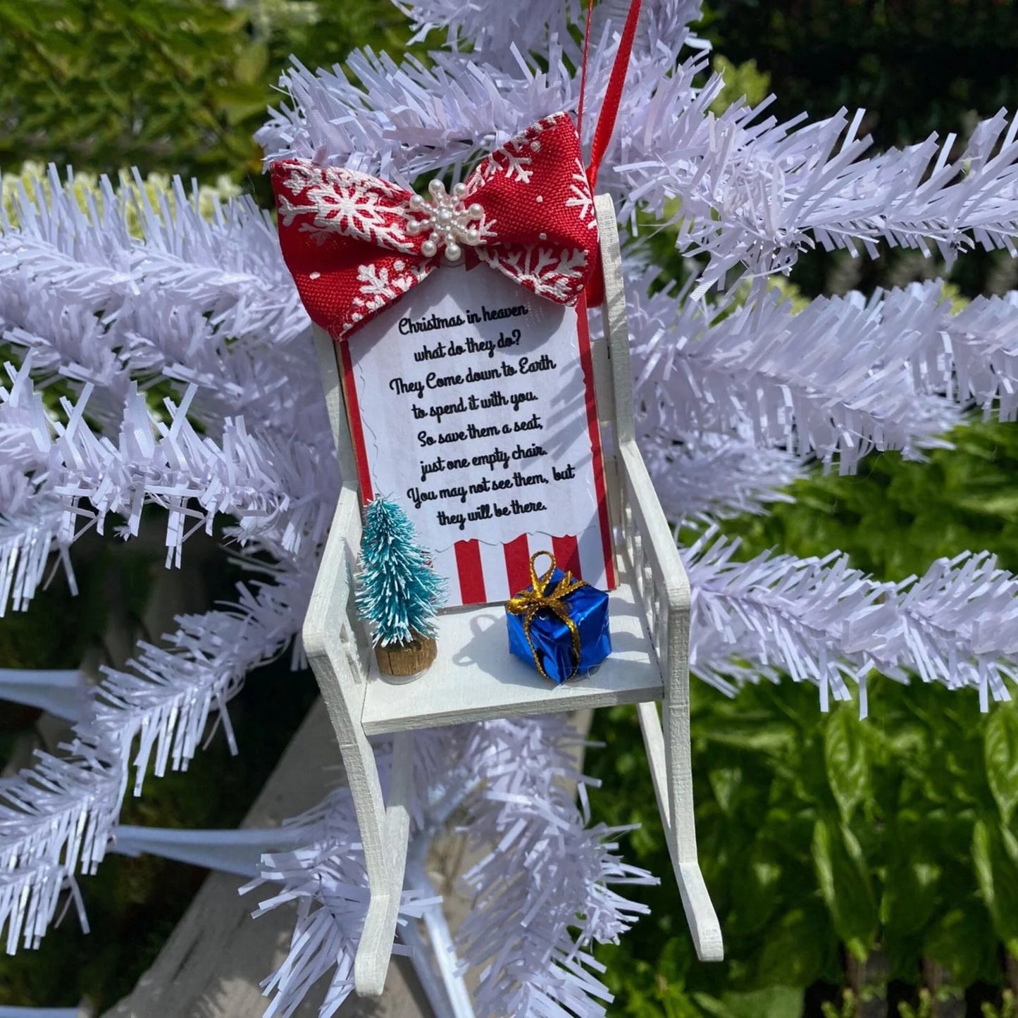 Heaven Chair Christmas Ornament in red, white, and wood colour for memorial decoration
