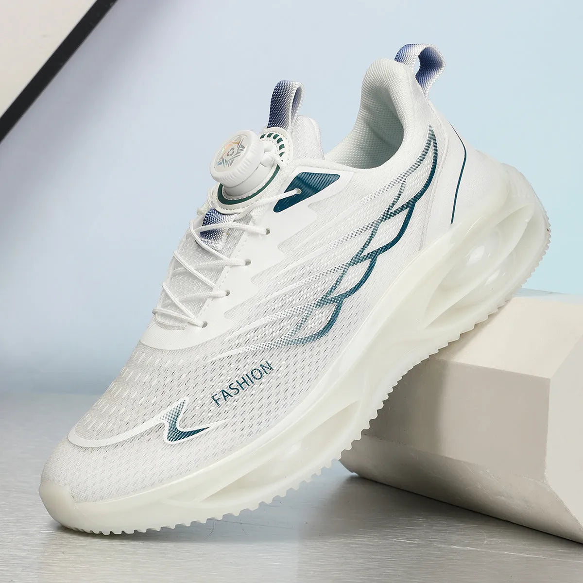 Casual lace-up running shoes in sky blue with mesh upper and rubber sole.