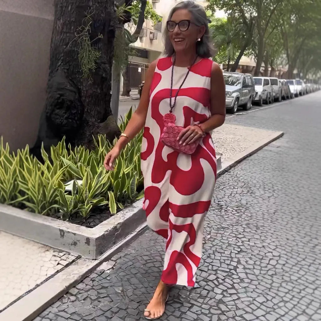 V-neck printed sleeveless A-line dress in Rose Red with abstract pattern, suitable for commuting and casual wear