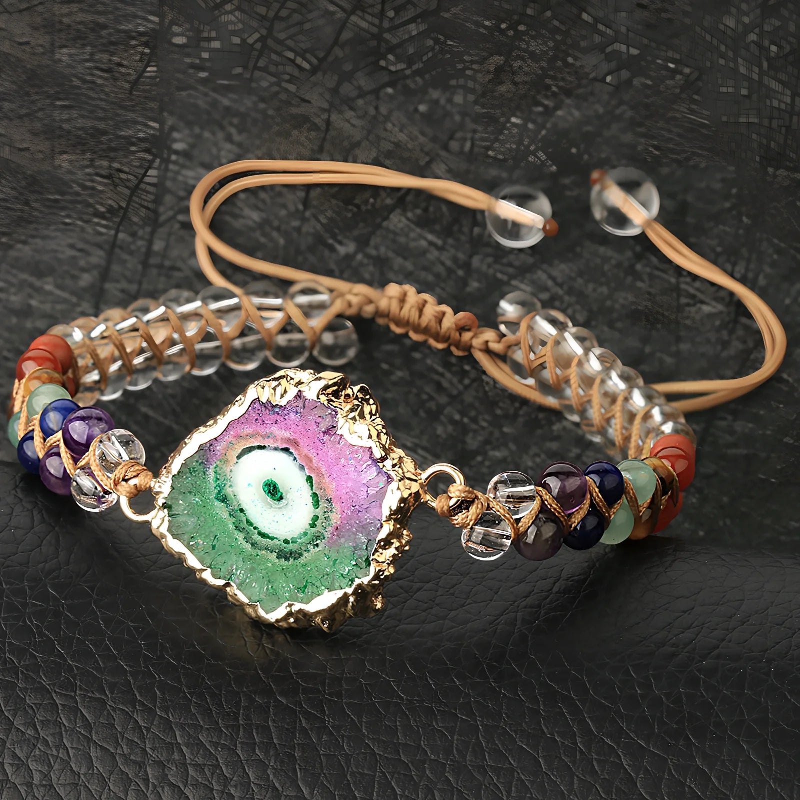 Geometric braided yoga bracelet with natural agate and crystal beads in lapis lazuli colour