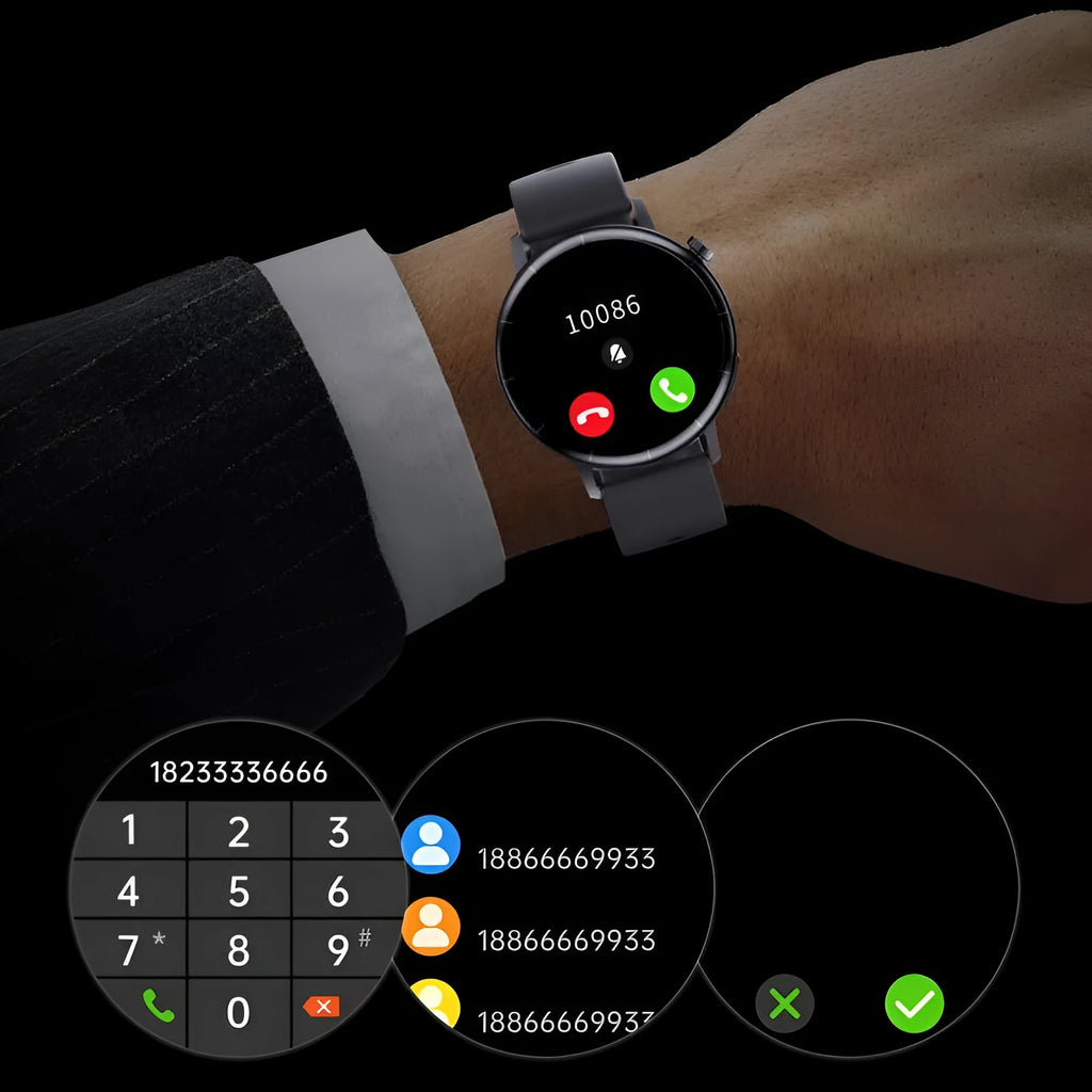 Bluetooth call smartwatch with 1.32 inch round screen and black TPU sport strap on wrist