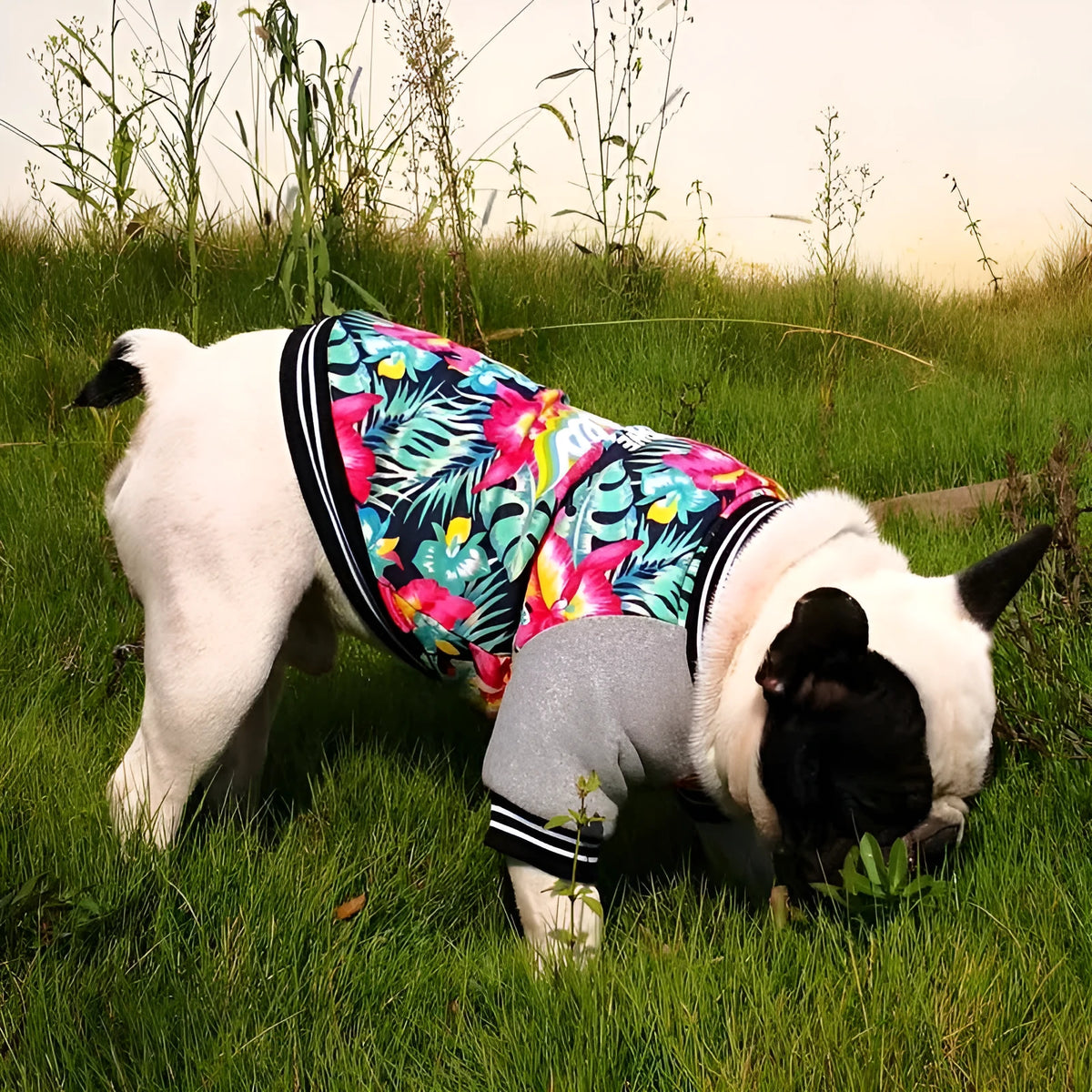 Red stretch printed two-legged dog clothes with cotton outer and fleece lining, shown on a dog
