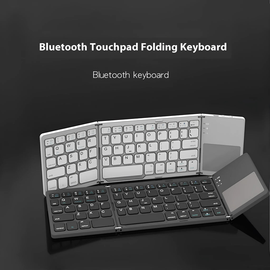 Black tri-fold Bluetooth keyboard shown open next to a smartphone, demonstrating its portable size.