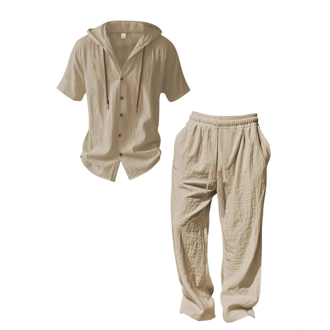 Men's casual cotton two-piece sports leisure suit in black, shown on a hanger.