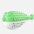 Blue silicone fish-shaped cat chew toy showing measurements and fish design details