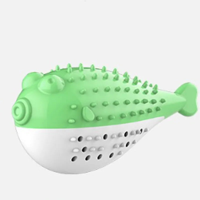 Blue silicone fish-shaped cat chew toy showing measurements and fish design details