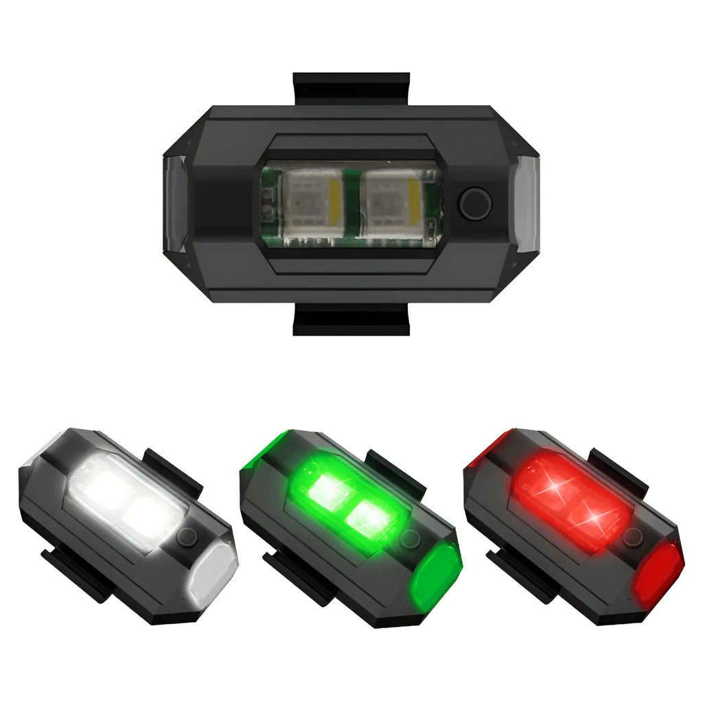 Drone strobe light accessory with 7 colour LED modes, Type-C cable, and mounting tape.