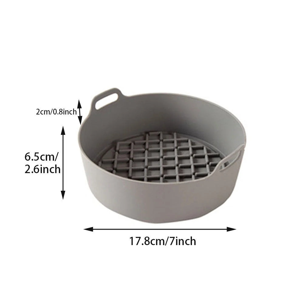 Reusable silicone air fryer liner in various colours, heat resistant up to 450°F